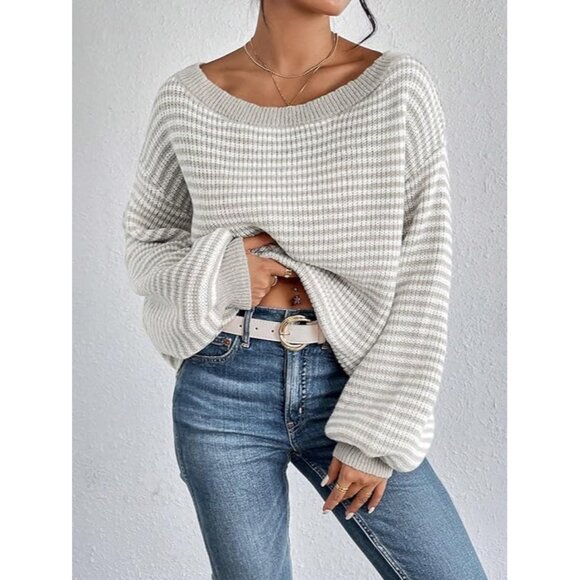 Women's Oversized Striped Sweater Fall Long Sleeve Knit Pullover Casual - Picture 2 of 5